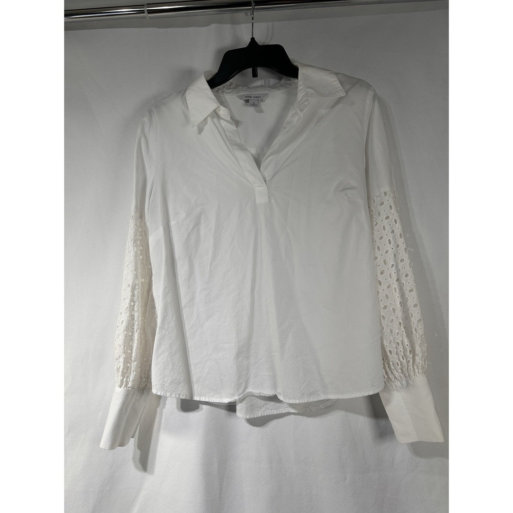 Nine West White Blouse, Eyelet Lace Balloon Sleeves, Size Medium, Pullover